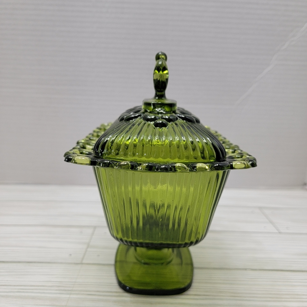 Indiana Glass Open Lace Edge Pedestal Candy Dush Avocado Green With Lid VTG - Picture 4 of 14
